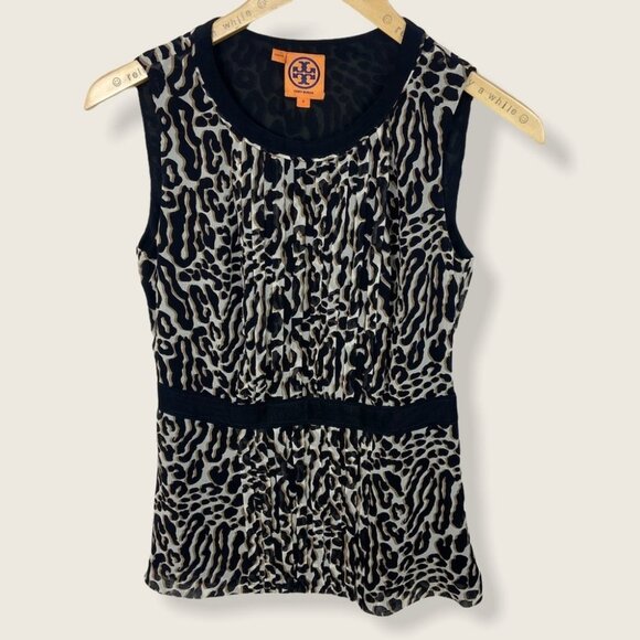 Tory Burch 100% Silk Animal Print Blouse Ruffle Top Size 0 Crew Neck Sleeve Boho - Picture 1 of 8